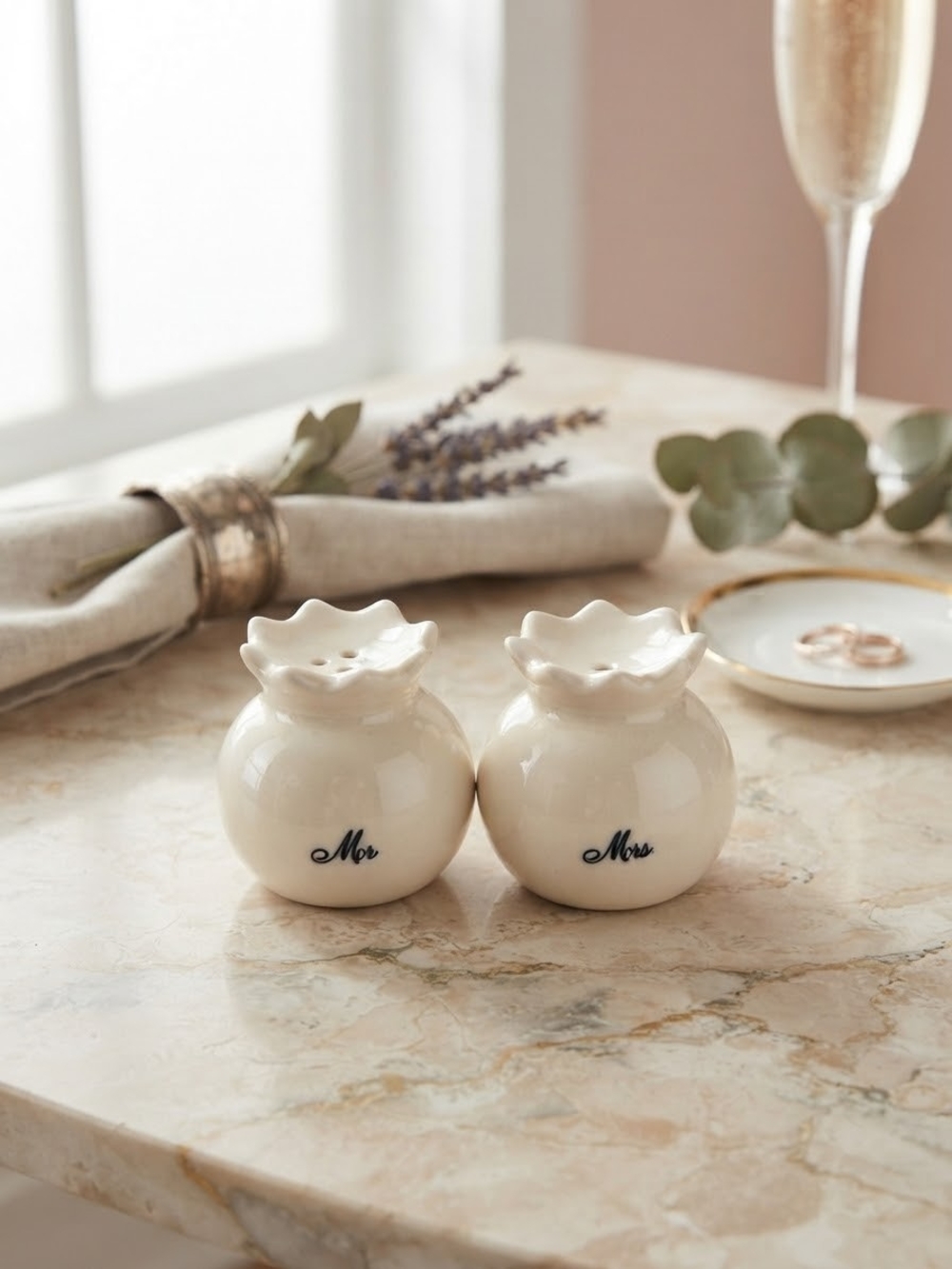 Mr and Mrs Ceramic Salt and Pepper Shakers | Small White Crown Shaker Set | Wedd